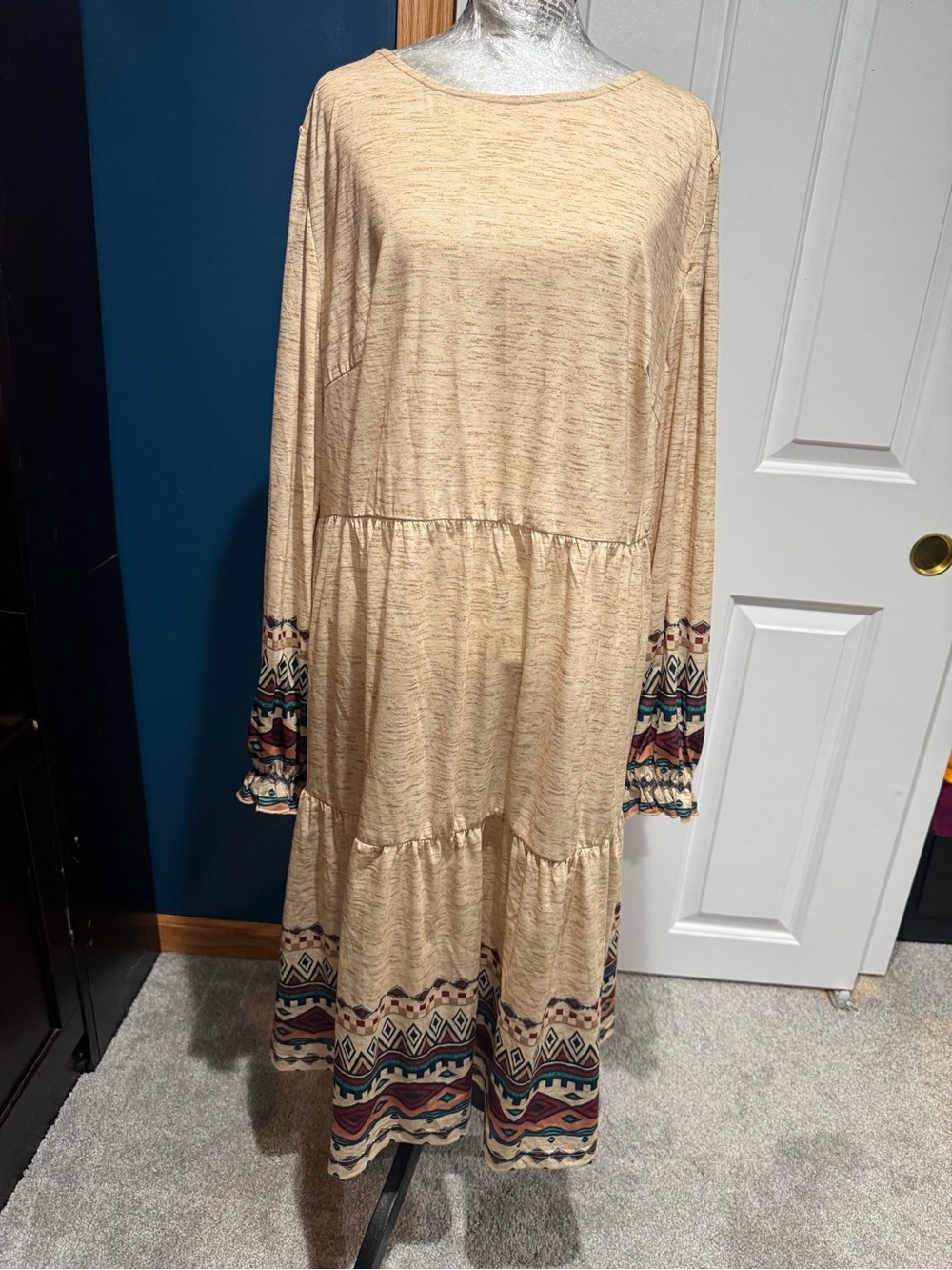 Source Unknown Beige Tiered Midi Dress with Aztec Trim